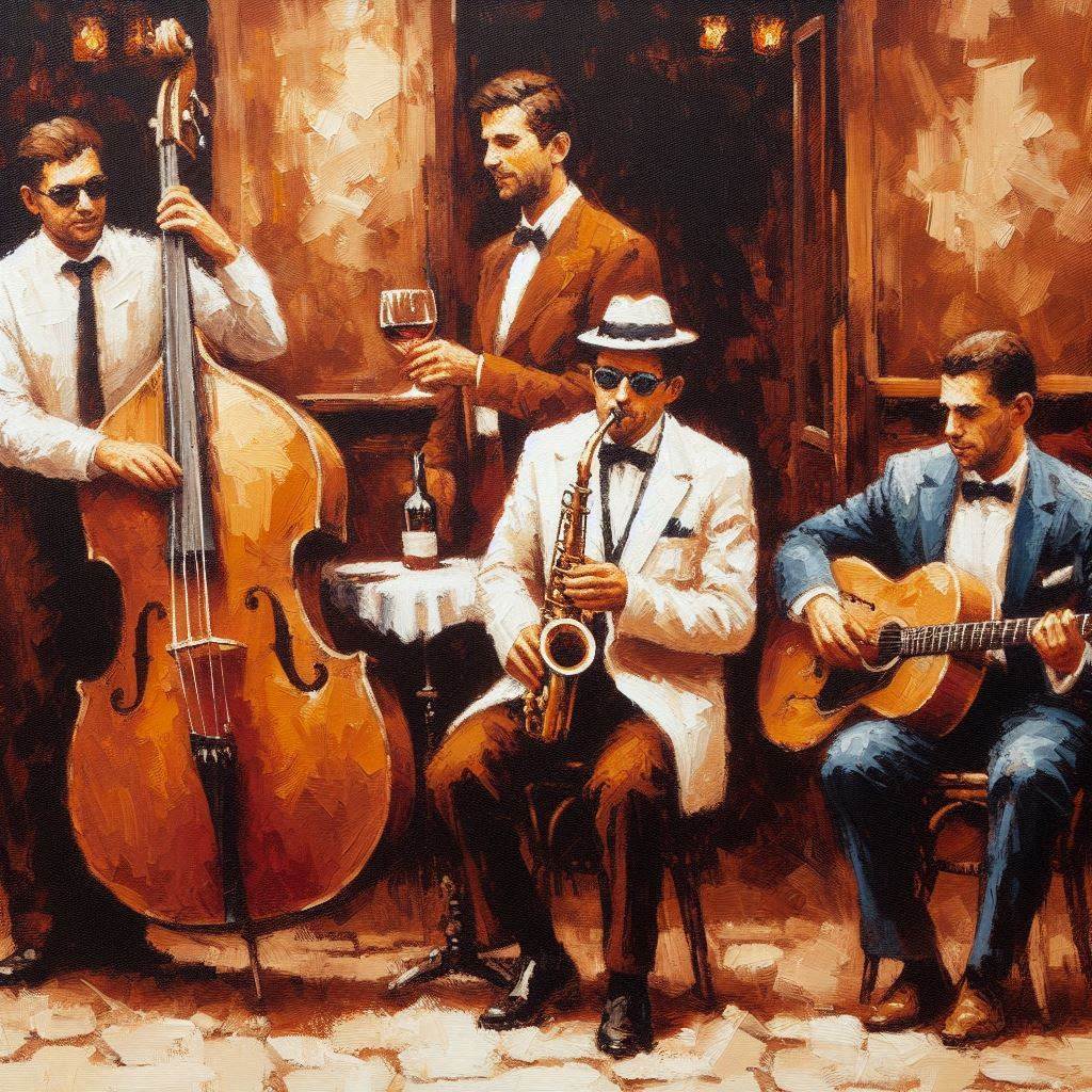 Musiciens de jazz jouant dans l’ambiance tamisée d’un bar, saxophone et contrebasse